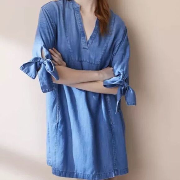 Lou & Grey XS Linen Blend Chambray Bow Pullover Pocketed Shirtdress Minidress - Picture 1 of 10